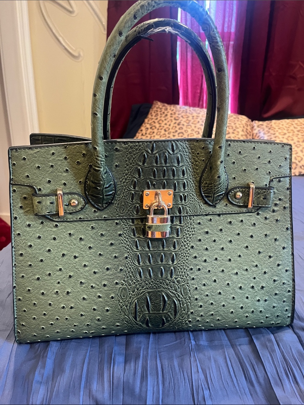 Green Ostrich-Embossed Top-Handle Satchel